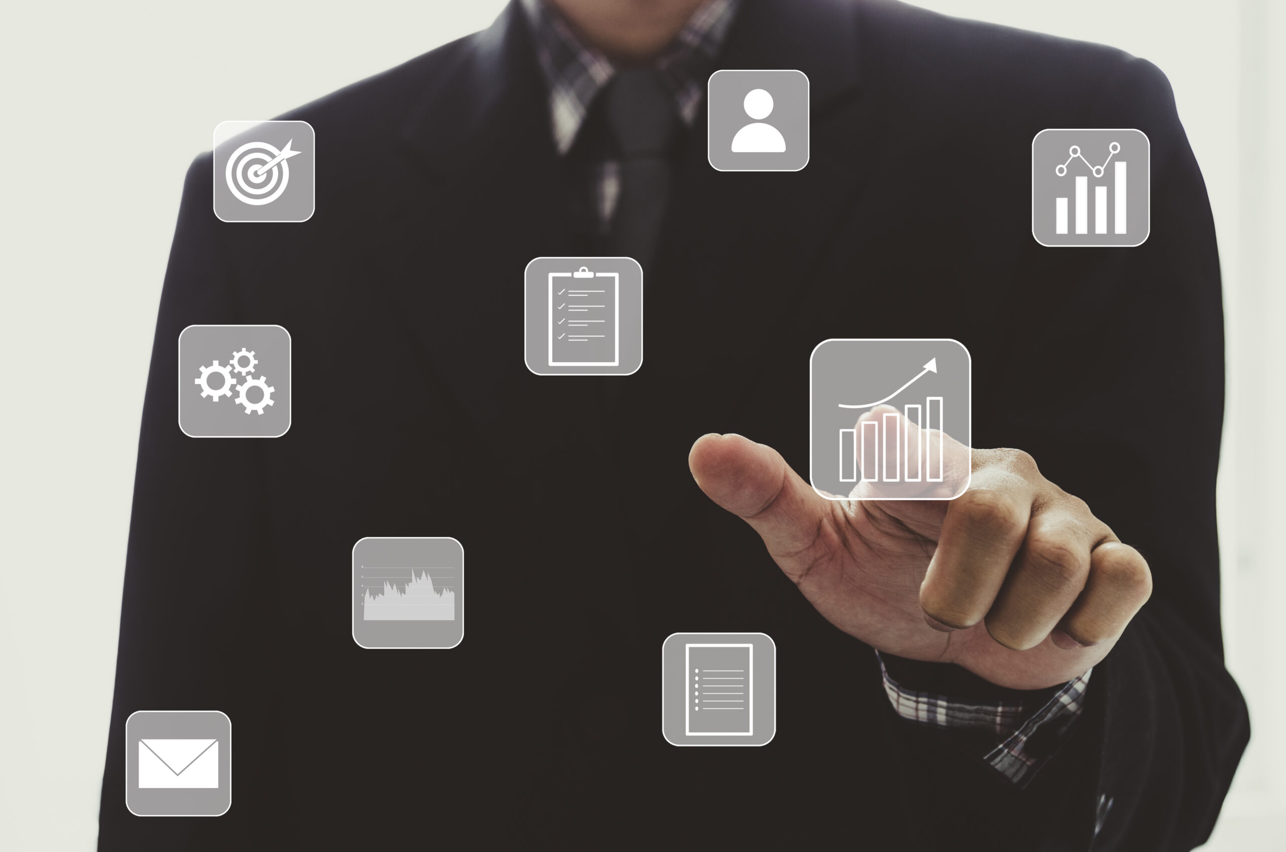 businessman touching digital business icon, network connection on modern virtual interface.